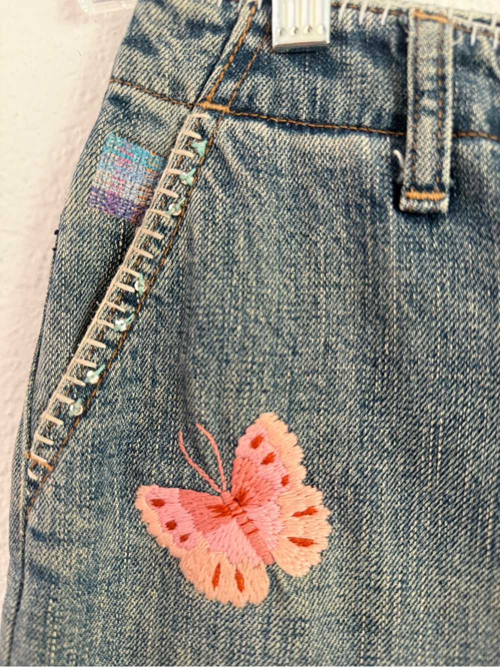 Vintage Y2K Gap Denim Skirt Size XS Embroidered Butterfly Boho Festival Fairy - Picture 2 of 10